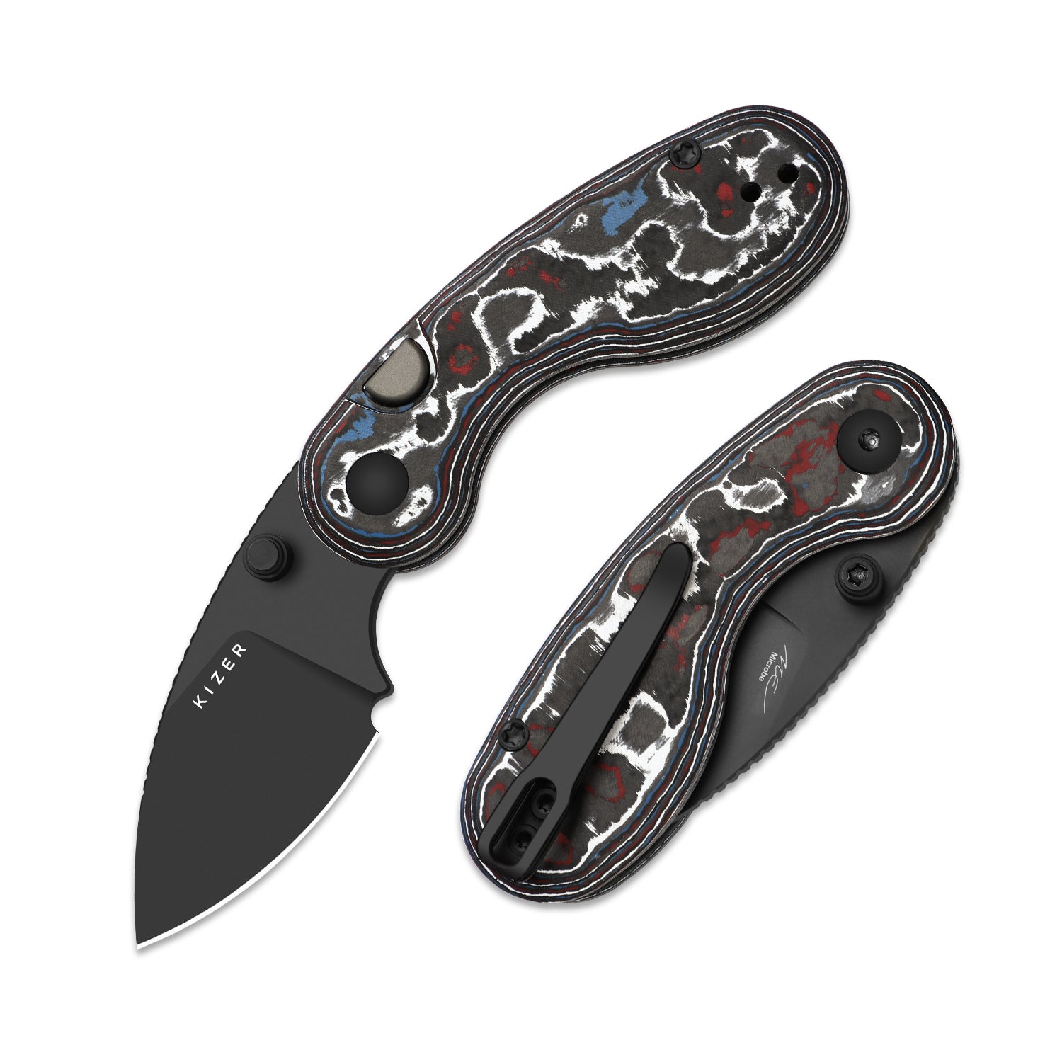 Microbe™ | Kizer Button Liner Lock™ | Ultra DLC | M390 | Fat Carbon | KizerB™ 2742A2