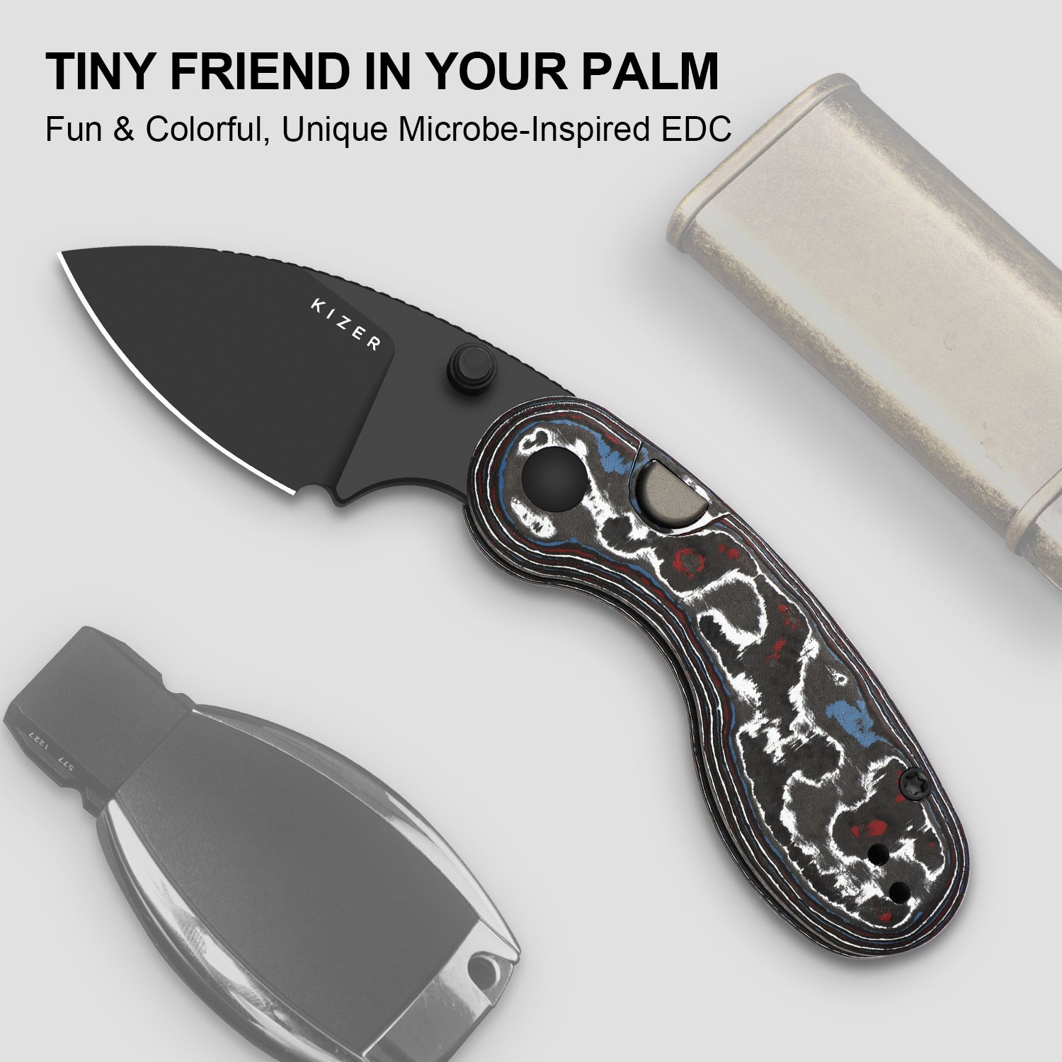 Microbe™ | Kizer Button Liner Lock™ | Ultra DLC | M390 | Fat Carbon | KizerB™ 2742A2