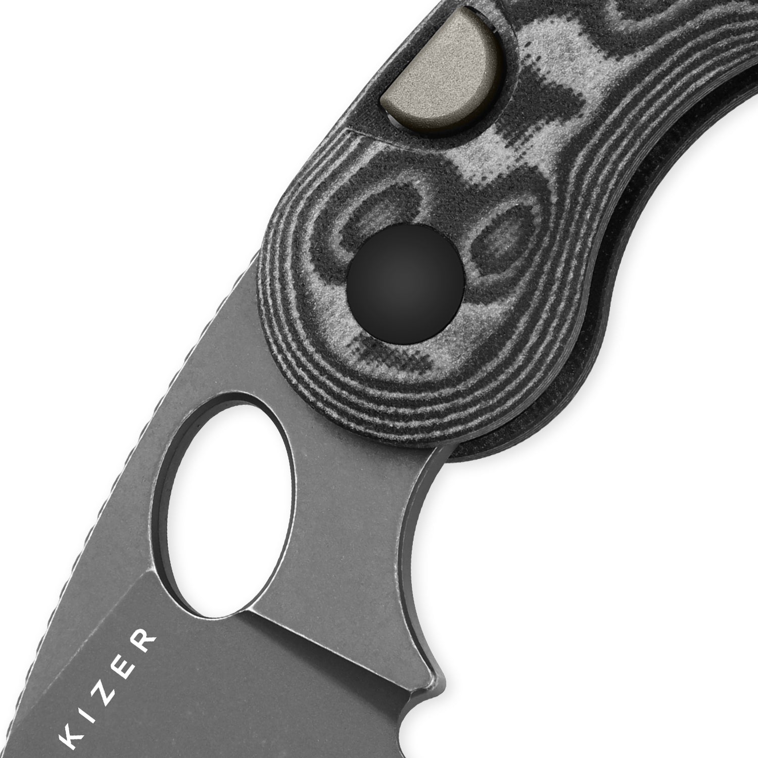 Microbe™ | Kizer Button Liner Lock™ | Micarta With Vortex Pattern | 14C28N | KizerV™ 2742A5