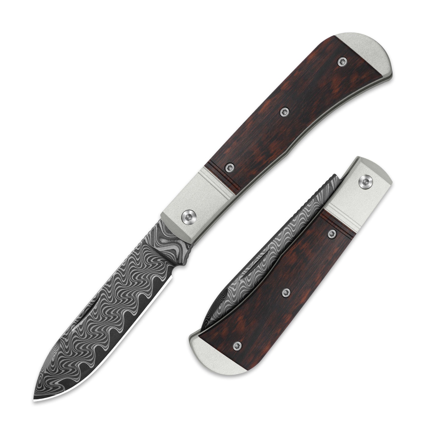 Trestle D | Acid-washed Damascus | Aluminum & Leopardwood | Slip Joint | KizerV™ 3760A3