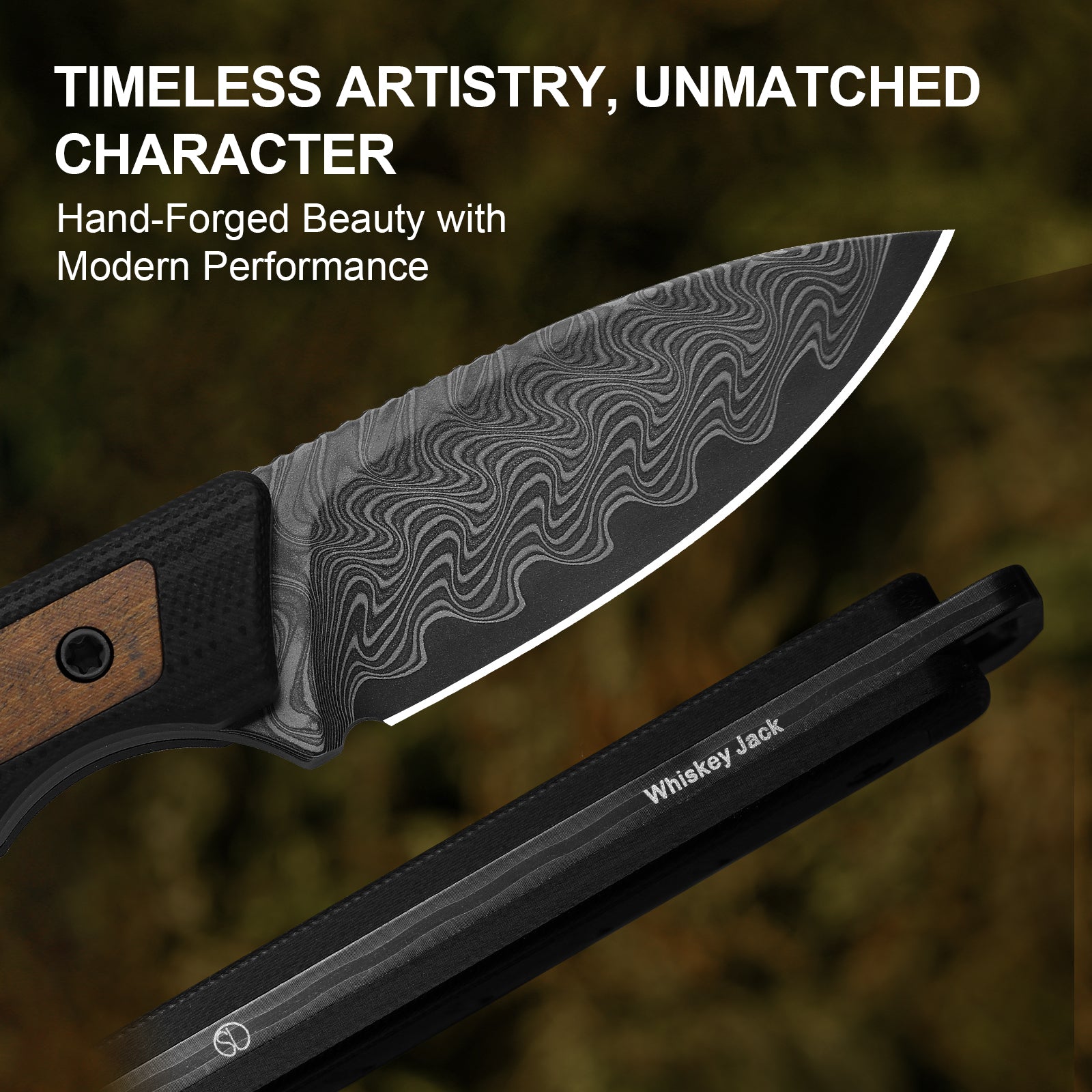 Whiskey Jack | Acid-washed Damascus | G10 & Mkuruti Wood | Skeletonized Tang | 1108A2