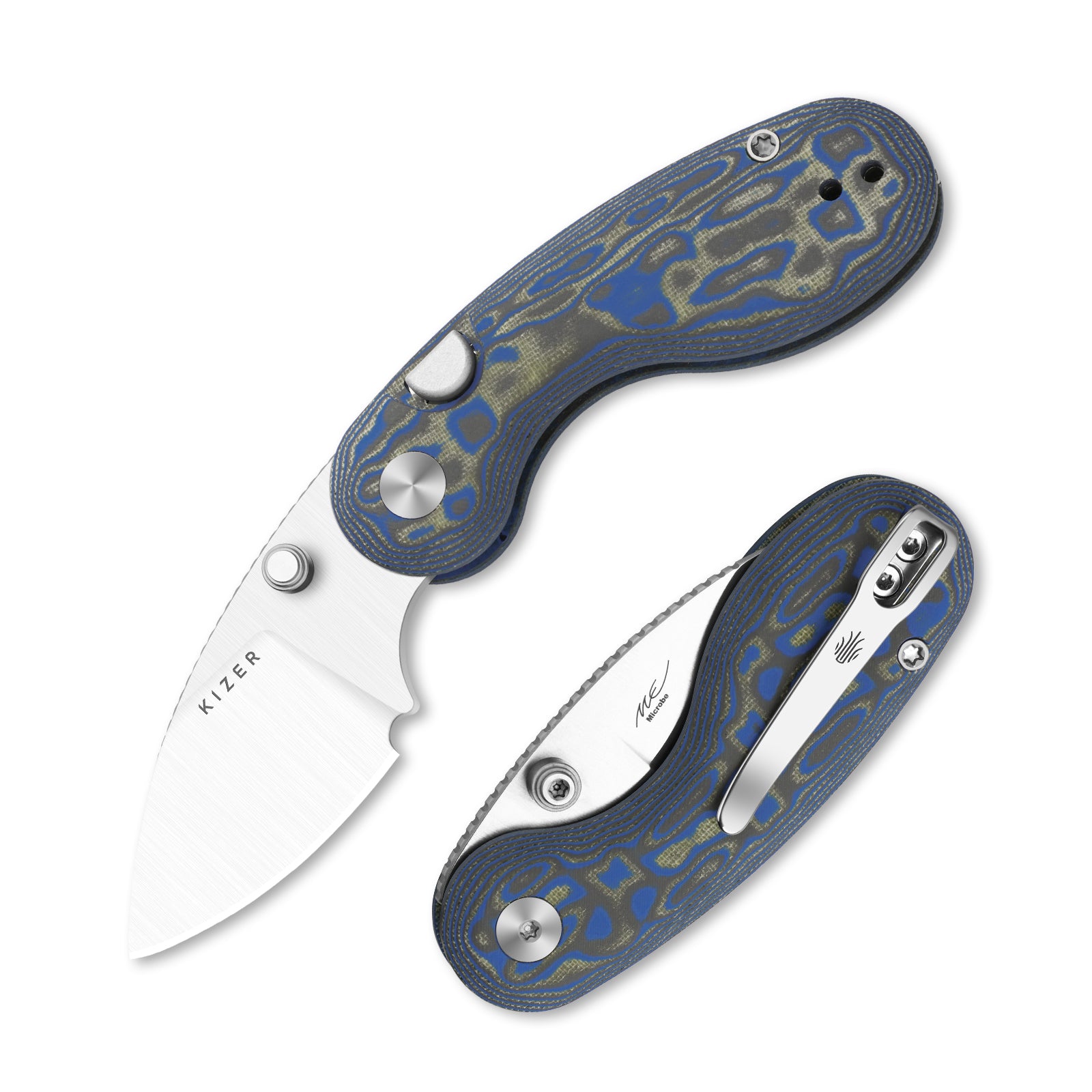 Microbe™ | Kizer Button Liner Lock™ | Micarta With Vortex Pattern | 14C28N | KizerV™ 2742A6