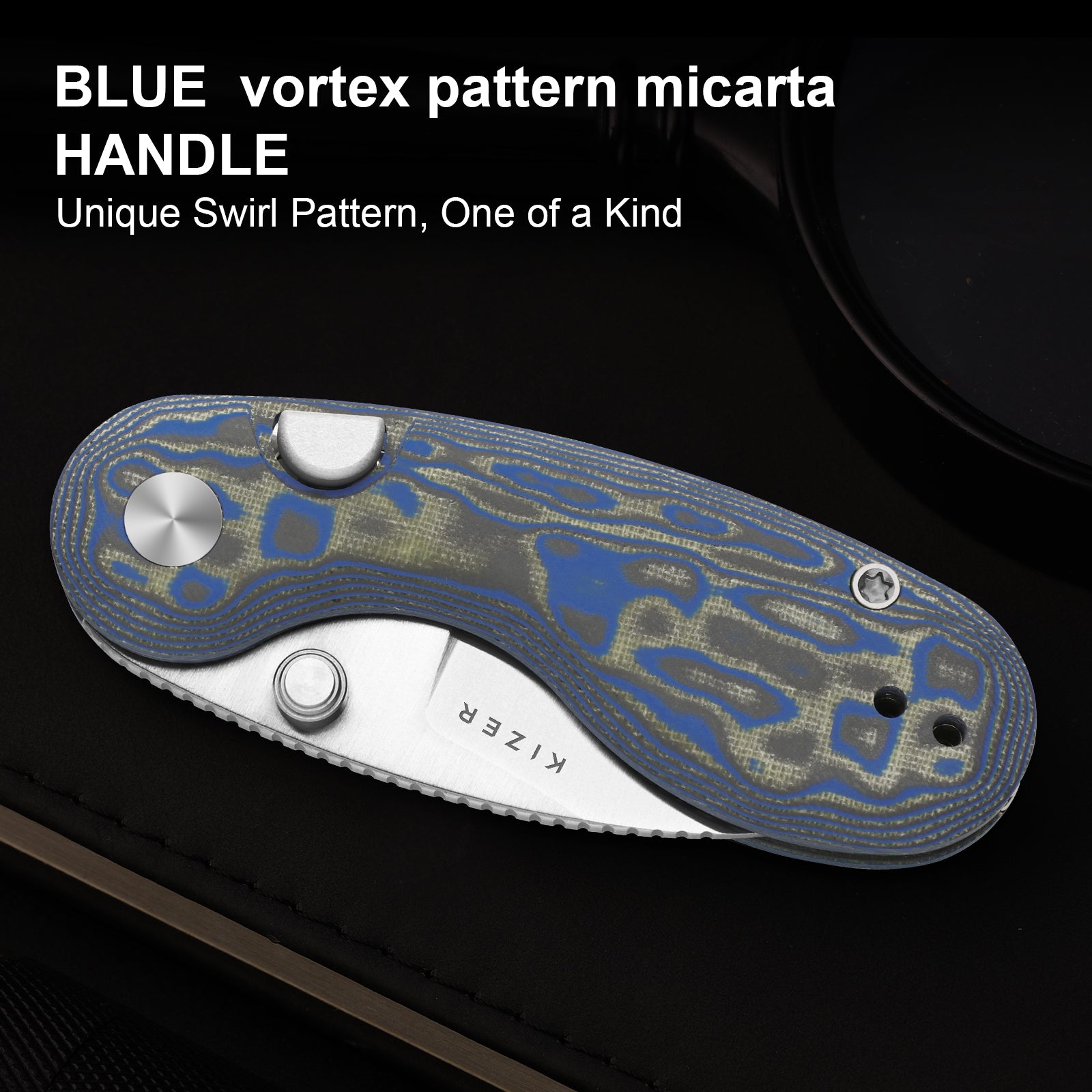 Microbe™ | Kizer Button Liner Lock™ | Micarta With Vortex Pattern | 14C28N | KizerV™ 2742A6